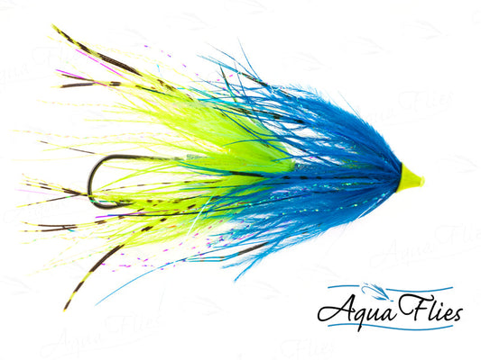 Photo of a Blue/Chartreuse steelhead fly.