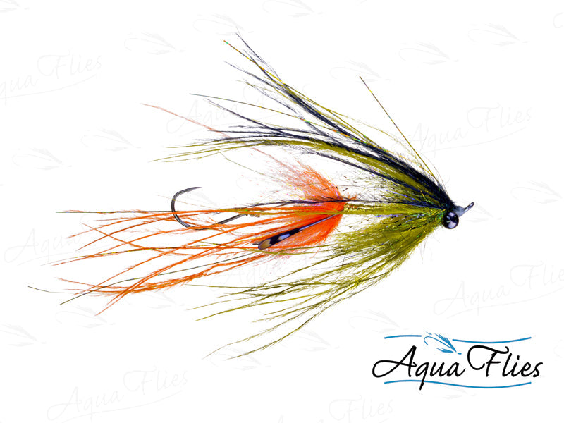 Photo of a Olive/Orange steelhead fly.
