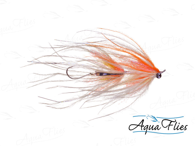 Photo of a Orange/White steelhead fly.