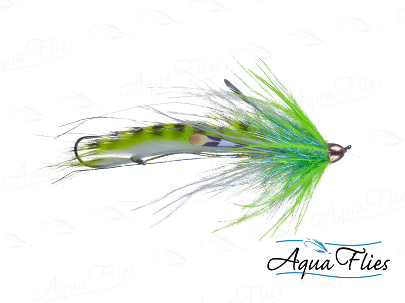 Photo of a Chartreuse/White steelhead fly.