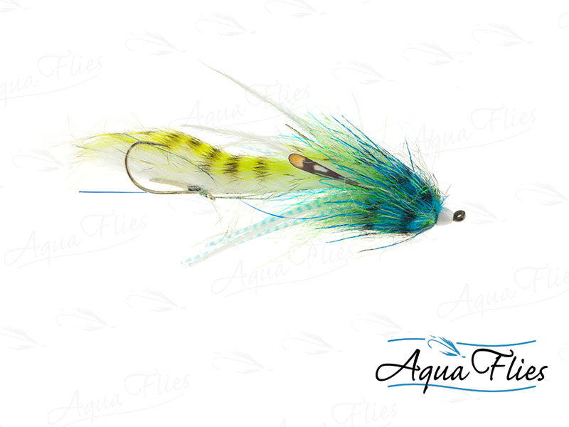 Photo of a Blue/Chartreuse steelhead fly.
