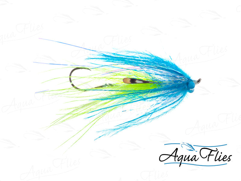 Photo of a Blue/Chartreuse steelhead fly.