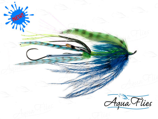 Photo of a Chartreuse/Blue steelhead fly.