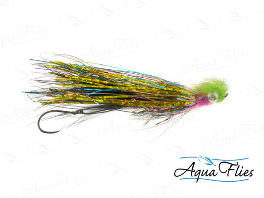 Photo of a Rainbow/Pink/Chart steelhead fly.