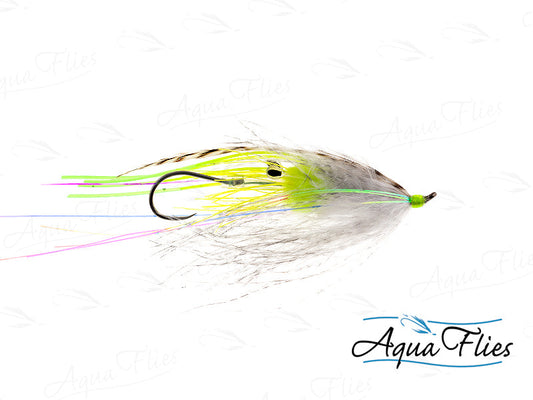 Photo of a Chartreuse steelhead fly.