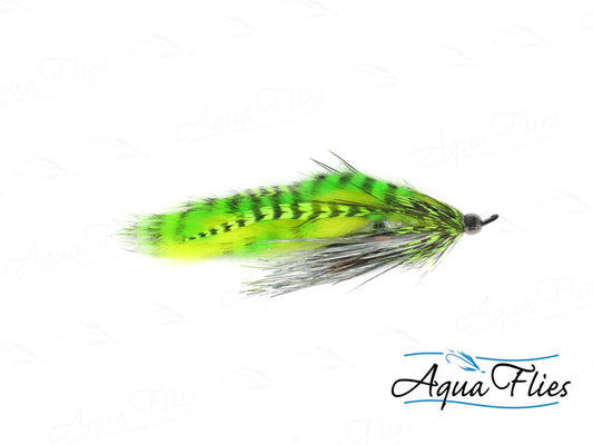 Photo of a Chartreuse/Silver steelhead fly.