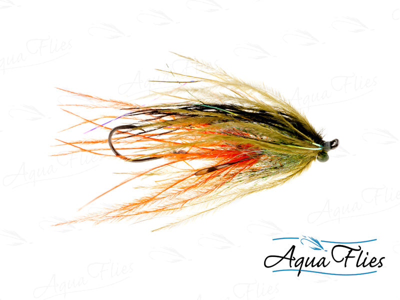 Photo of a Olive/Orange steelhead fly.