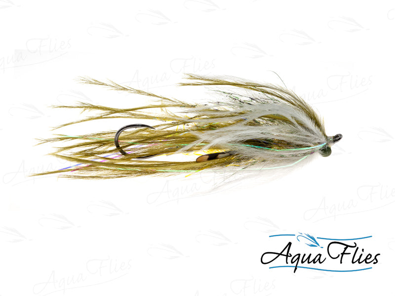 Photo of a Olive/White steelhead fly.