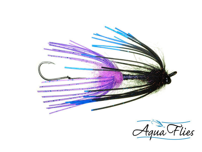 Photo of a Black/Purple steelhead fly.