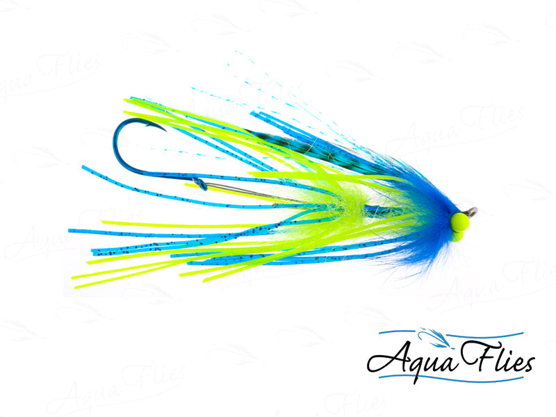 Photo of a Blue/Chartreuse steelhead fly.